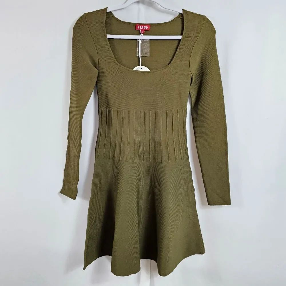 NWT Staud Deora Knit Fit and Flare Mini Dress in Sergeant Green - Size XS